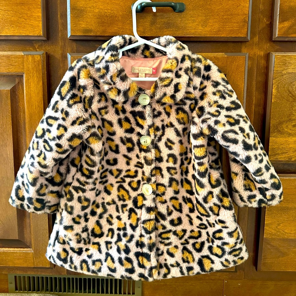 Pink Leopard Print Girls Faux Fur Coat, Size 3, Pink Chicken Brand